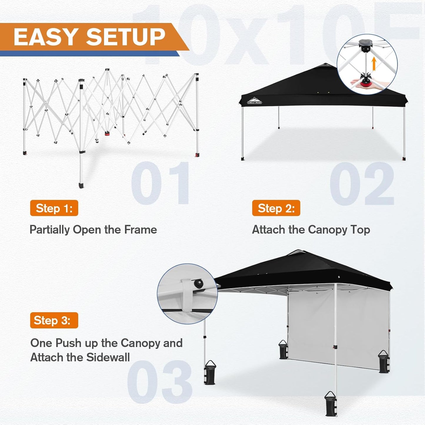 EAGLE PEAK Pop Up Canopy Tent with 1 Sidewall, Easy Setup Event Tent, Outdoor Sun Shade, Wheeled Carry Bag, Stakes and Guy Ropes, Instant Canopy 10x10, Black