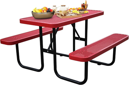 4FT Metal Picnic Tables for Outdoors, Commercial Rectangular Picnic Table and Bench Set for Outside, Patio, Garden, Backyard, Porch, Surface Mount, Red