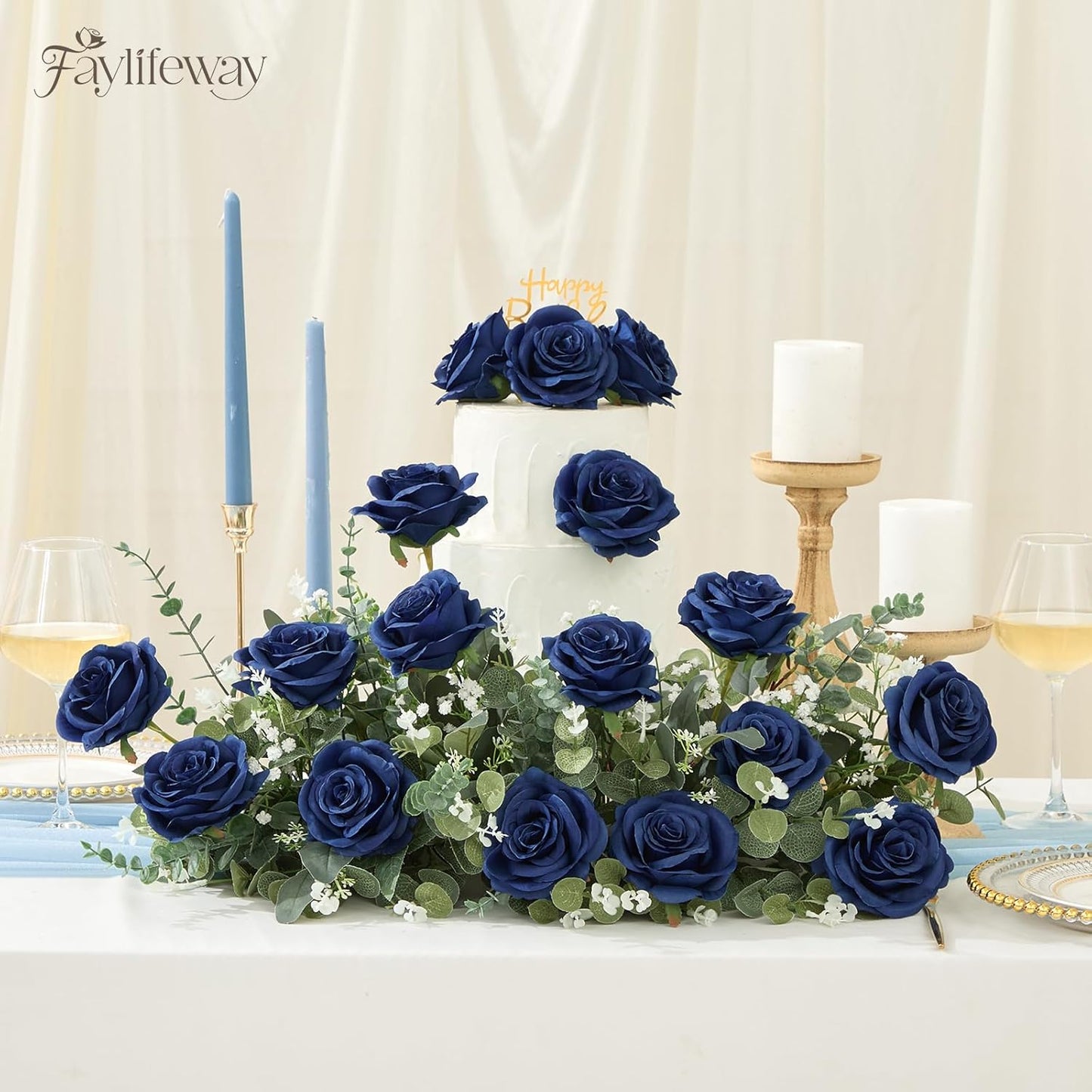 20PCS Artificial Dusty Blue Roses, 3.9'' Silk Flower Head Fake Blue Rose with Long Stems, Realistic Faux Roses Bouquet for Mother's Day DIY Wedding Home Party Office Decoration