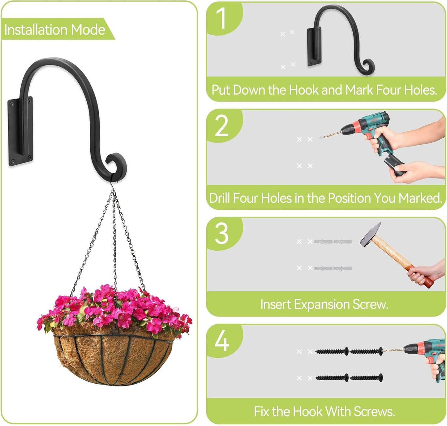 Heavy Duty Plant Hanger Bracket (8"/Black) Outdoor Hand-Forged Hanging Plant Bracket Durable and Stable Bird Feeder Hanger