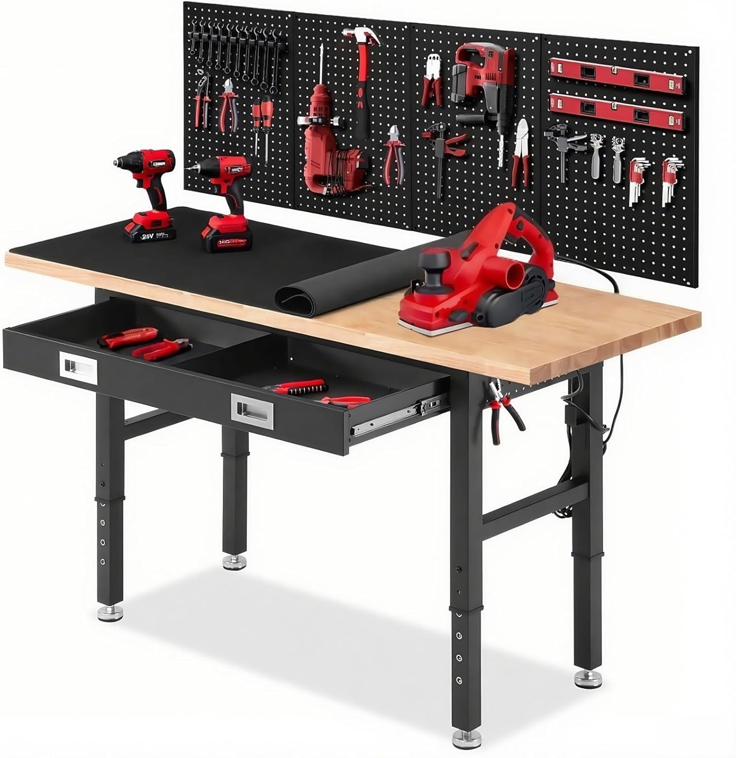 Workbench for Garage 60 x 22 Inch Adjustable Height Work Table with Drawers Heavy Duty Rubberwood Tabletop Work Bench with Pegboard, Power Outlets for Office Home Commercial