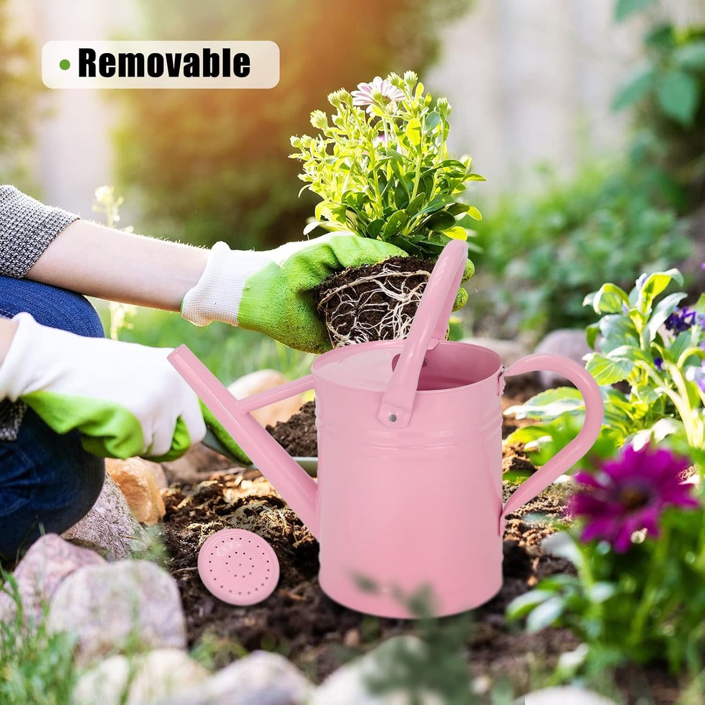 Metal Watering Can (1 Gallon) for Outdoor&Indoor Plants with Free Small Watering can for Kids, Plant Watering Can with Removable spout, Perfect for Garden Flower, Houseplants, Pink