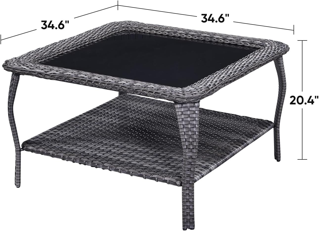 Patio Tables Outdoor Coffee Table - Wicker Rattan Coffee Tables with 2-Tier Storage Shelf Glass Top for Proch Deck Balcony Garden Squre Mixed Grey