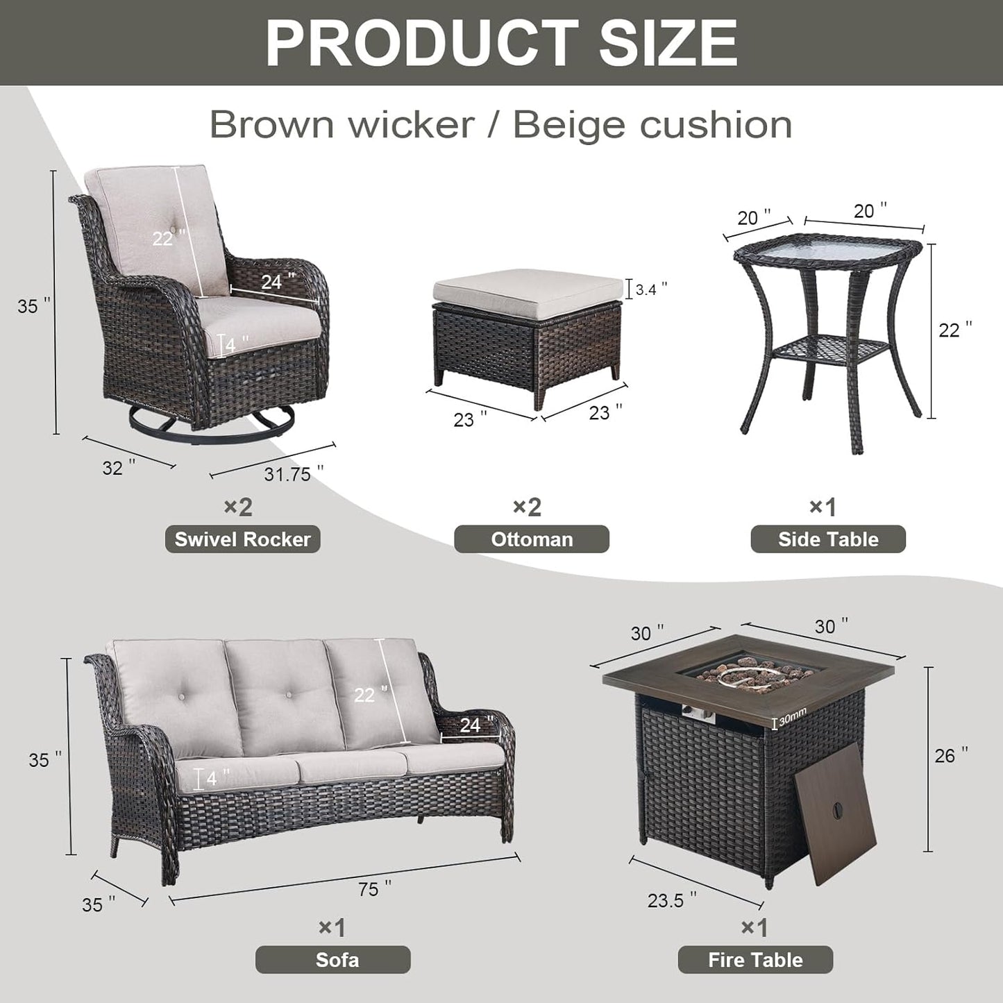 Outdoor Patio Furniture Set with Propane Fire Pit Table, 7 Pieces Wicker Patio Conversation Set with 2 Swivel Glider Rocker Chair Rattan Sofa Beige Cushion Perfect for Casual Gathering