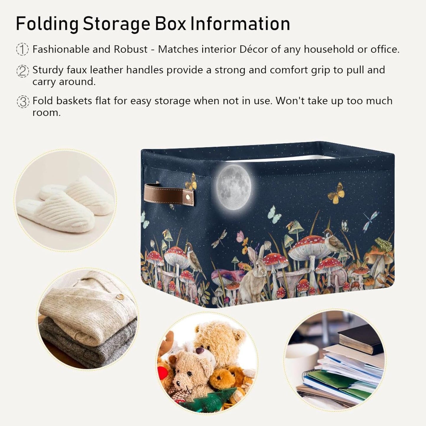 Mushroom Rectangular Storage Basket Bird Butterfly Rabbit Moon Organizer Bin Shelf Baskets For Home Office Dorm