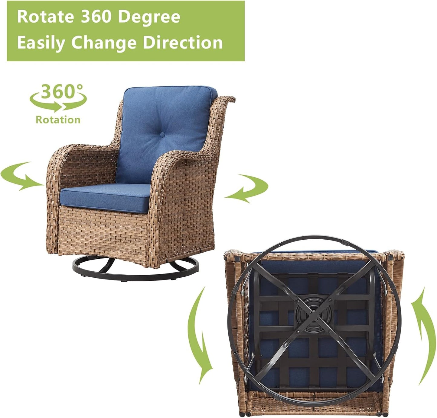 Outdoor Wicker Patio Furniture Set - 5 Piece Rattan Patio Conversation Set with 2 Rocking Swivel Chairs,2 Ottomans and 1 Sofa for Porch Deck Backyard Garden(Yellow/Blue)