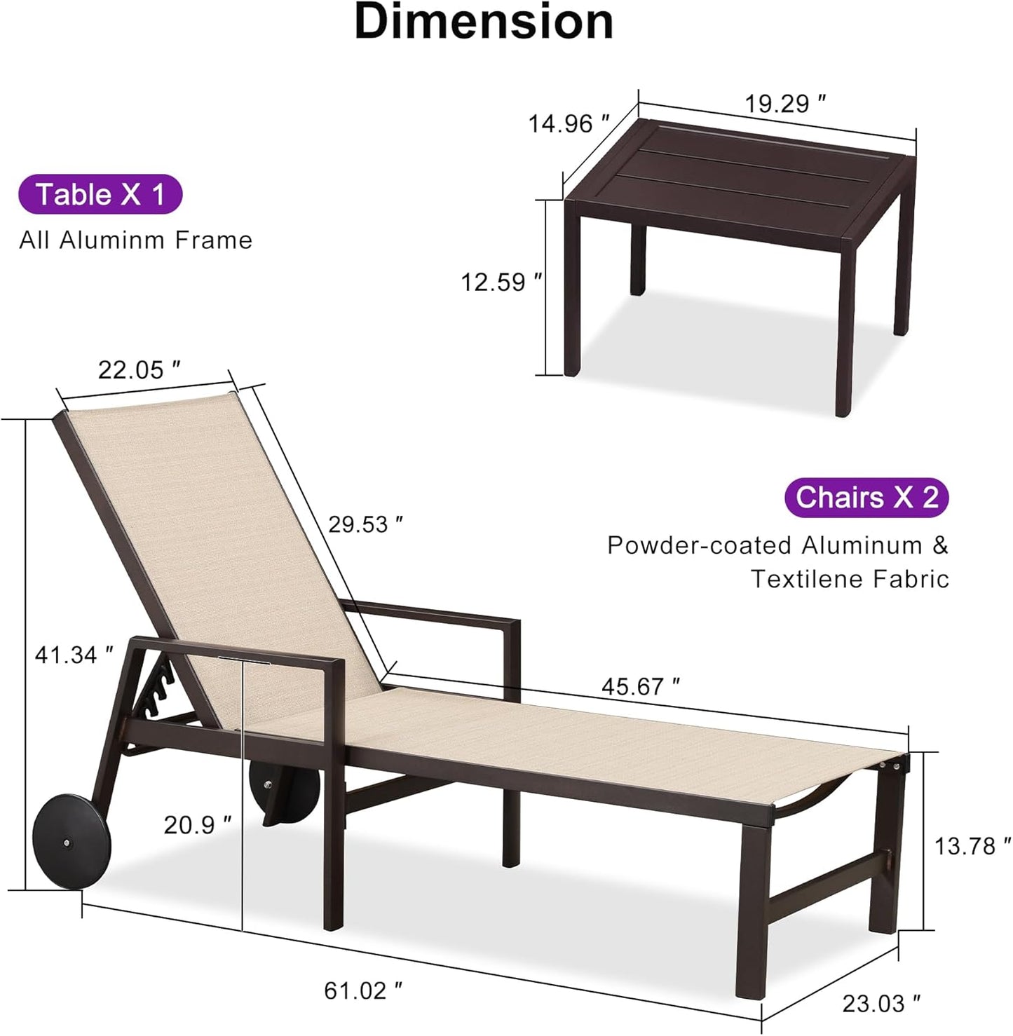 PURPLE LEAF Pool Lounge Chairs Set of 3 Aluminum Outdoor Lounge Chairs with Wheels and Armrests Adjustable Patio for Deck Outside Lawn Garden, Cream