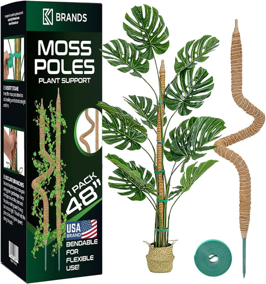 K-Brands 48'' Bendable Moss Pole Monstera Plant Support - Coconut Palm Fiber - Brown - Rectangular - Climbing Plant Support Structure