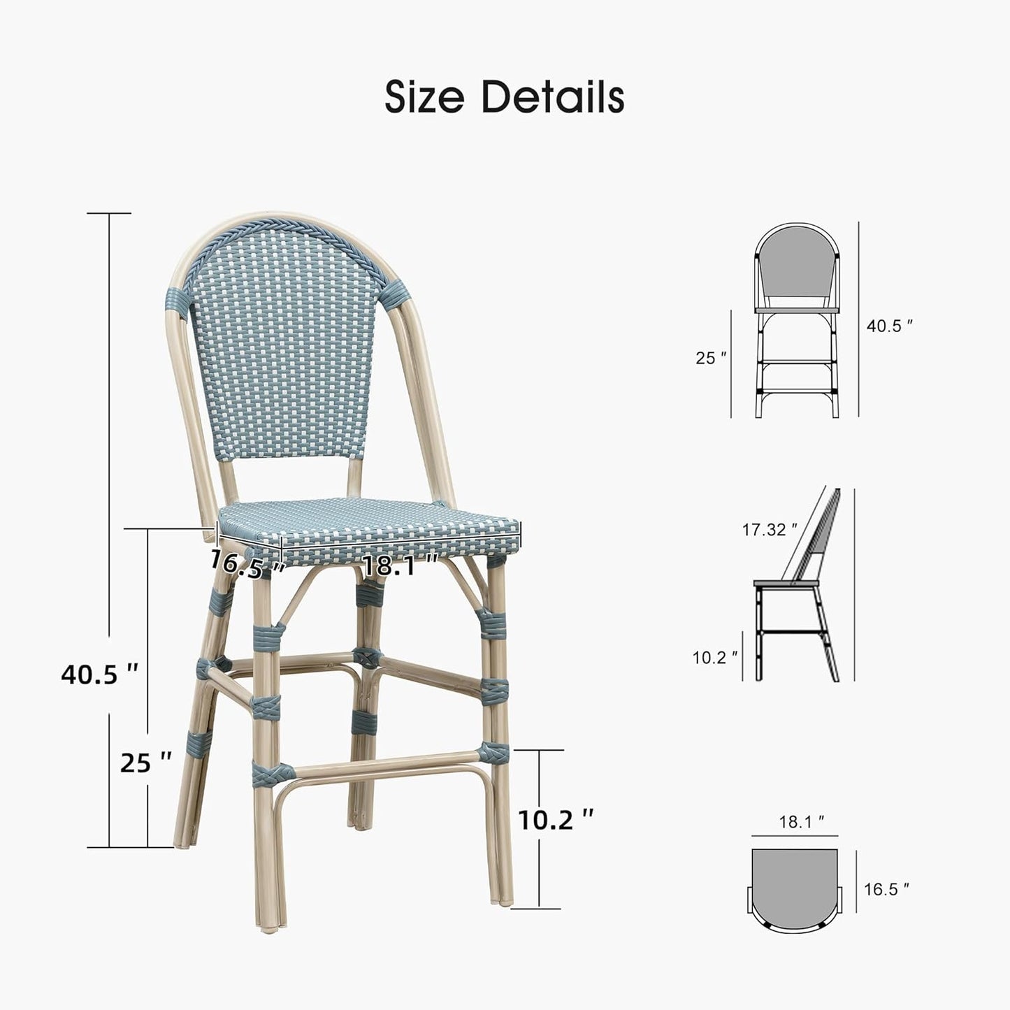 PURPLE LEAF French Counter Height Bar Stool Set of 2 25" White Print Finish Patio Bar Chairs with Back Rattan Bar Chairs French Bistro Set for Kitchen Outdoor Counter Stool Light Blue