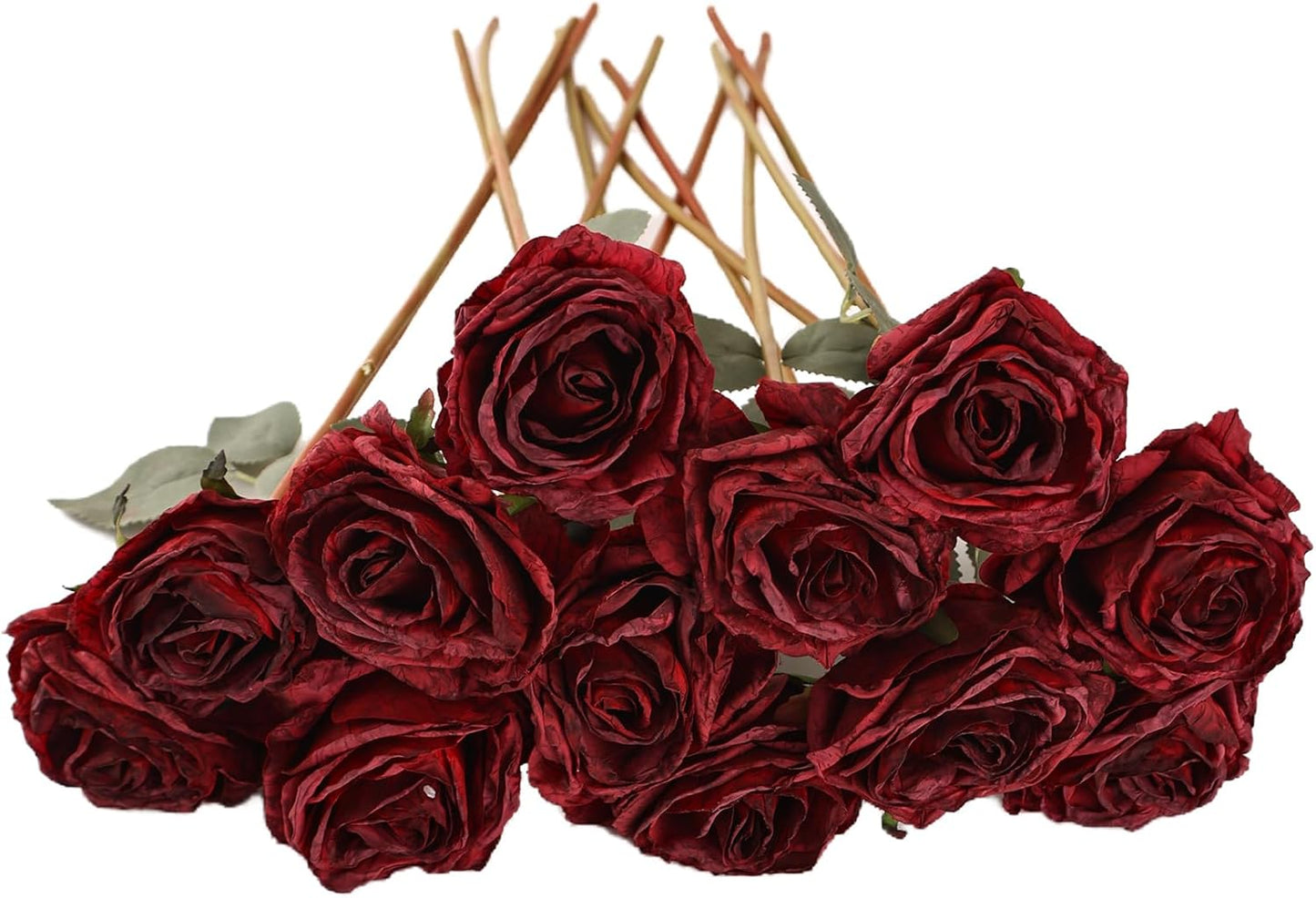 Kimura's Cabin 12pcs Fall Faux Roses Flowers with Stem Vintage Artificial Silk Rose Bouquet Realistic Fake Roses Dried Flower for Valentines Home Centerpiece Wedding Party DIY Decoration (Dark Red)