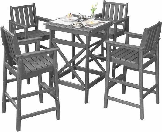 5 Pieces Adirondack Bar Chairs Set, HDPE Patio Bar Height Table and Chairs, Tall Adirondack Outdoor Bar Stools Set, HDPE Patio Bar Table Sets Furniture for Balcony, Garden, Pool, Smoke Gray