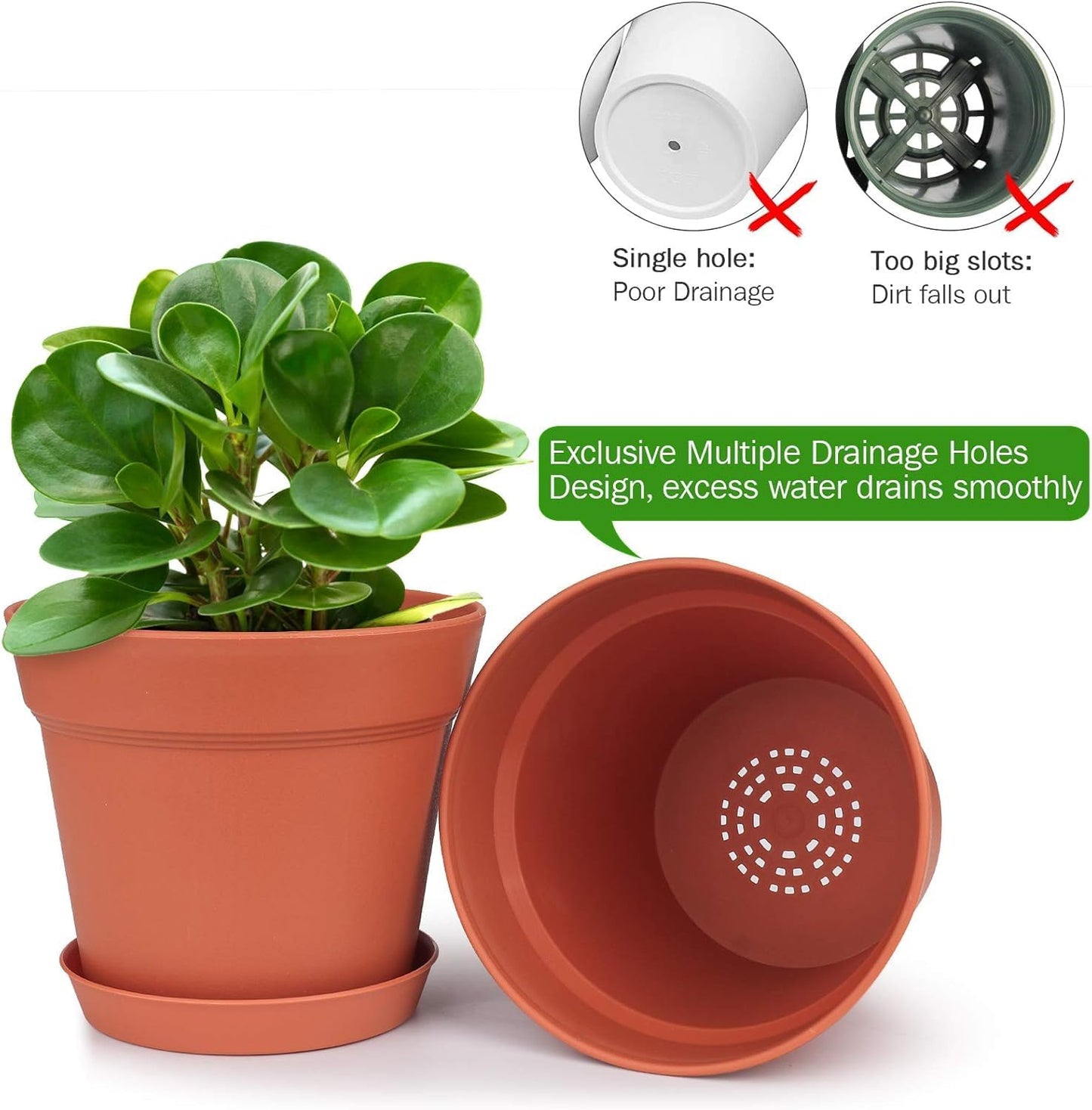 homenote Plant Pots,7.5 Inch Flower Pots for Plants Plastic Planters for Indoor with Multiple Drainage Holes and Trays, for All Home Garden Flowers Succulents,Outdoor(Terra Cotta,8 Pack)