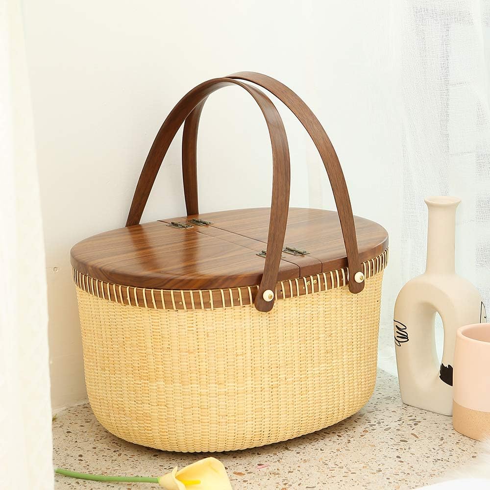 Nantucket Basket Crafts Cane-on-Cane Weave Picnic Basket Shopping Basket Basket Storage Basket Two Swing Handles (Black Walnut Activity Double Open)