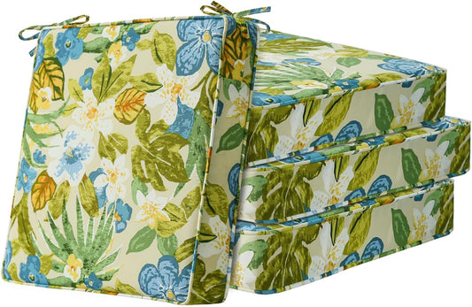 Square Corner Seat Cushions, 19" x 19" x 3", Set of 4, Indoor Outdoor Water Repellent Universal Chair Pads with Ties for Patio Furniture, Garden Dining Chairs, Blue Flower