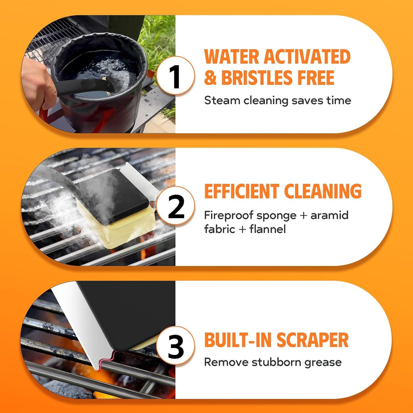 MEKER Grill Brush Bristle Free, Grill Cleaner Brush with 3 BBQ Replacement Head, Seamless Scraper Tool for Cast Iron, Stainless Steel Grates, Safe Grill Scraper Outdoor BBQ Grill, Black