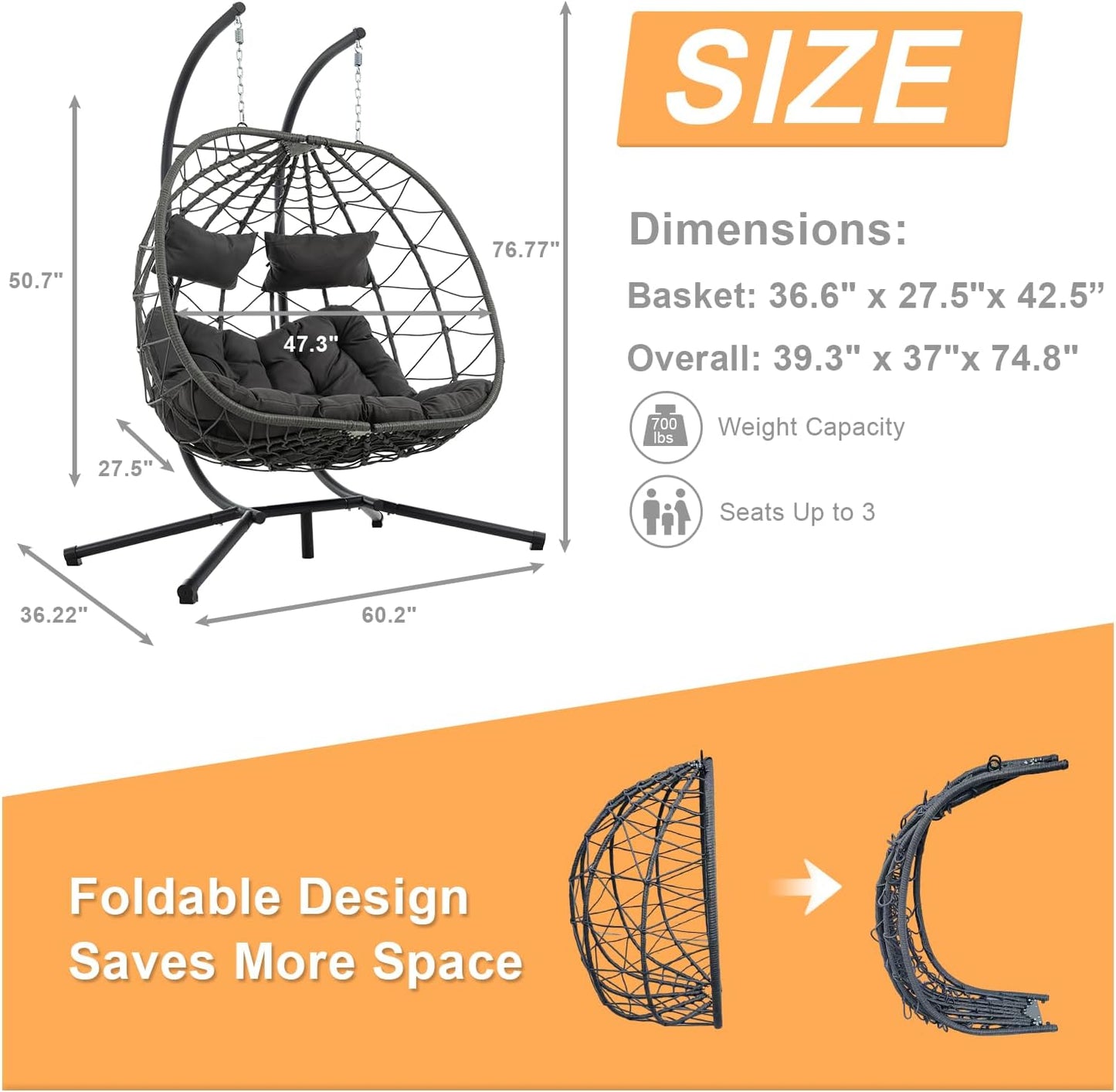Double Egg Swing Chair with Stand, 2 Person Outdoor Indoor Hammock Hanging Chair with Cushion,Patio Wicker Hanging Egg Chair w/Cushion 700LBS Capacity for Bedroom, Balcony, Garden