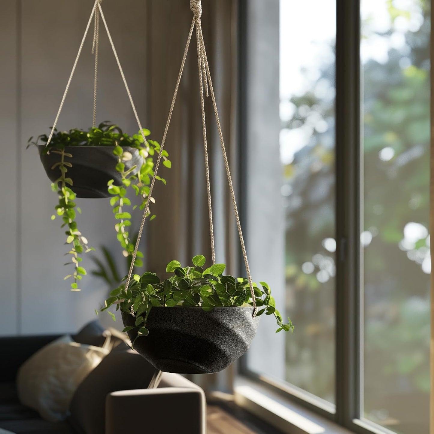 La Jolie Maison 10 Inch Hanging Planters for Indoor Plants, Outdoor Garden Planter Pots with Self-Watering Tray, Jet Black, Spiral Pattern, Set of 2