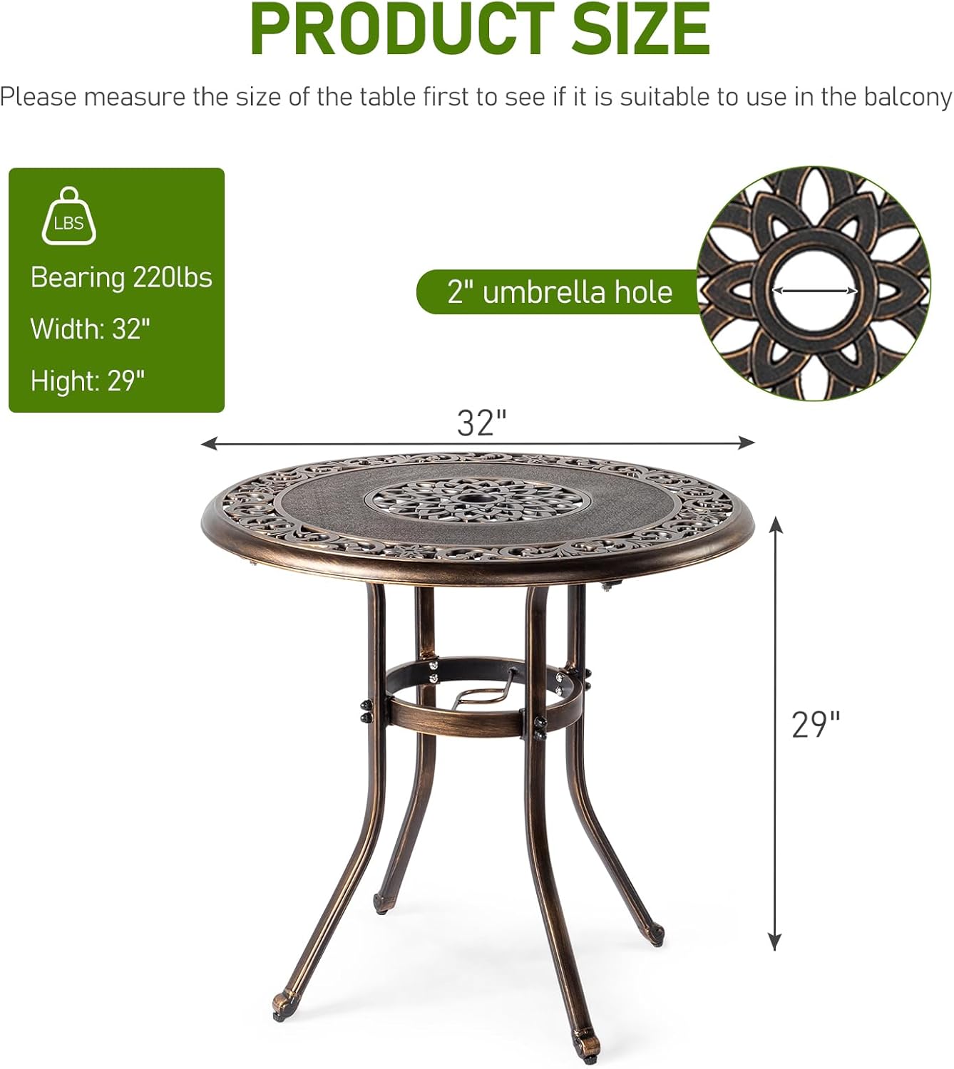 Outvita Outdoor Dining Table, Cast Aluminum Round Patio Bistro Table with Umbrella Hole Weather Resistant Aluminum for Balcony Poolside Garden Lawn