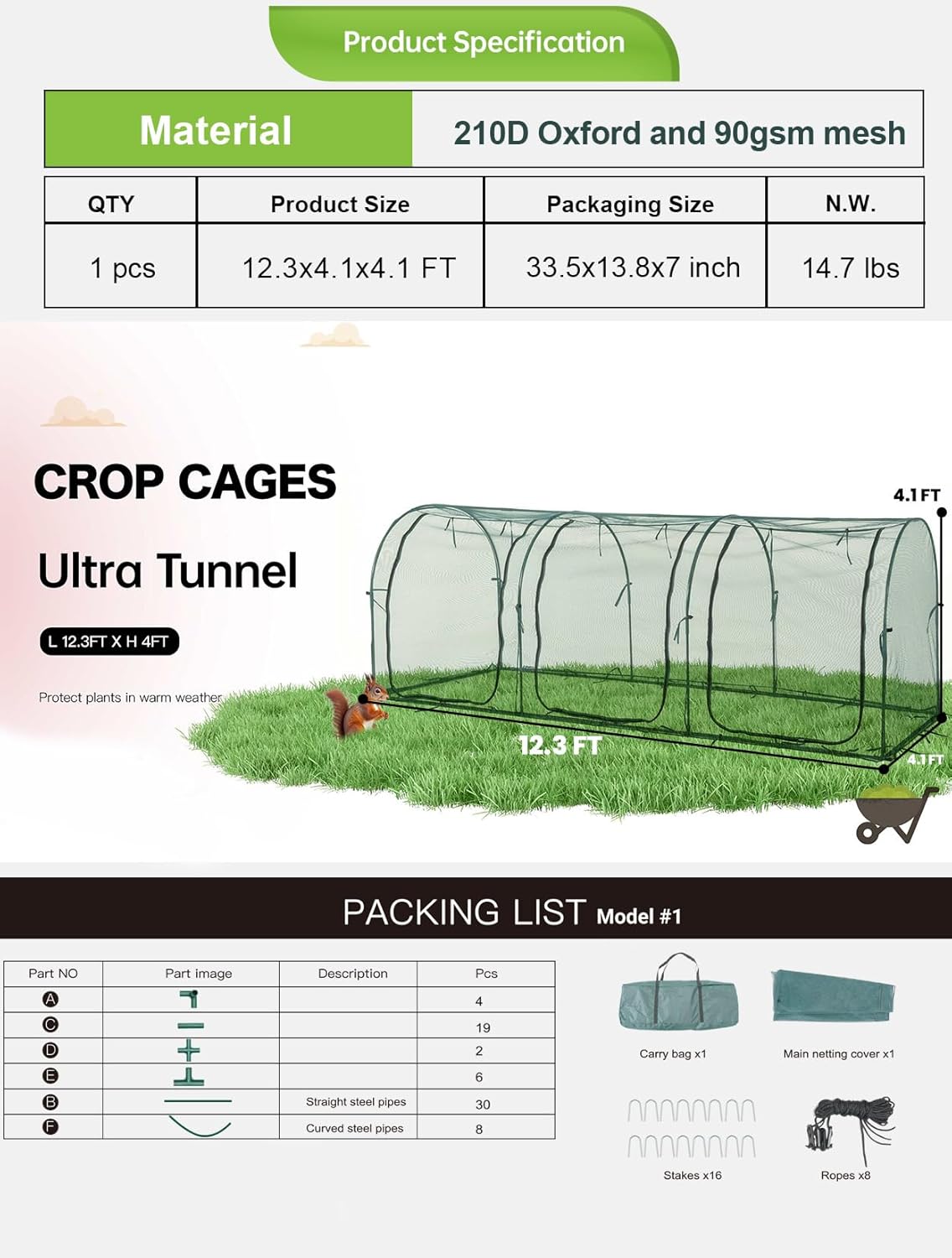 Poray Large 12.3X4FT Tunnel Plant Netting Cover,4.1FT Tall Crop Cage Tomato Netting for Vegetables&Fruits,Durable Gardening Net for Plant and Animals