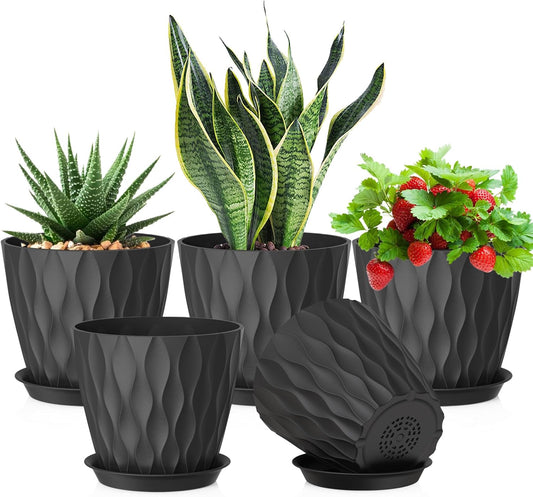 7 inch Plant Pots for Indoor Outdoor Plants, 5 Pack Thick Nursery Pots with Drainage Holes and Saucers, 3D Modern Wave Texture Plastic Planter Pots for Flowers and House Plants, Black