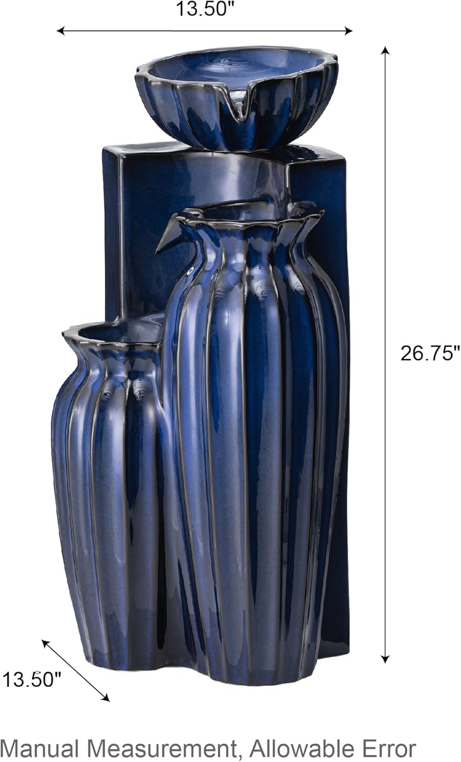 Glitzhome 26.75" H Ceramic Outdoor Water Fountain with LED Lights and Pump, Cobalt Blue Fluted Texture Cascading Waterfall Floor Standing Fountain for Porch Deck Garden Patio Backyard