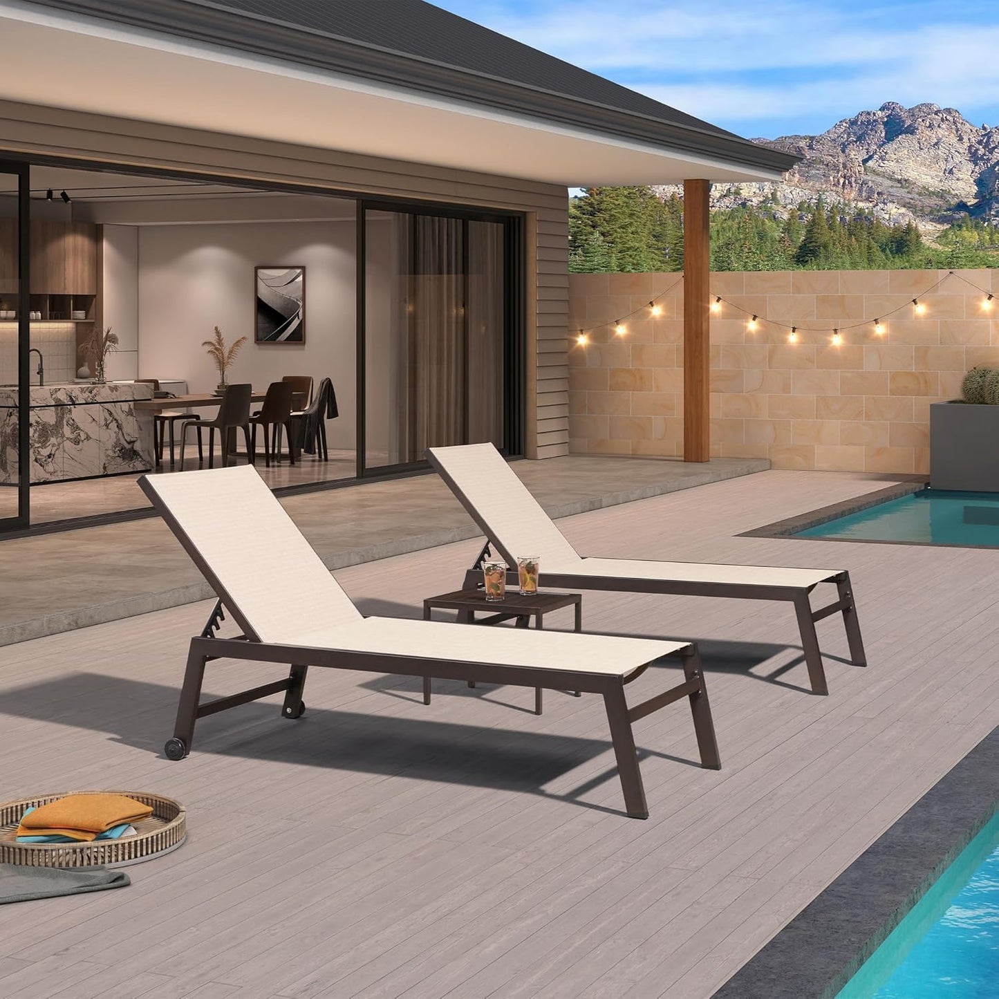 PURPLE LEAF Oversized Patio Lounge Chairs Set of 3, Reclining Pool Lounge Chairs with Side Table and Wheels for All Weather for Outdoor, Deck, Lawn, Aluminum Outside Pool, Cream