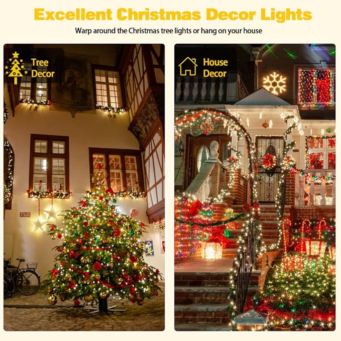 2-Pack Solar String Lights for Outside, Total 400 LED Solar Christmas Lights Outdoor Waterproof, Green Wire Solar Tree Light with 8 Lighting Modes for Xmas Wedding Party Garden Decoration(Warm White)