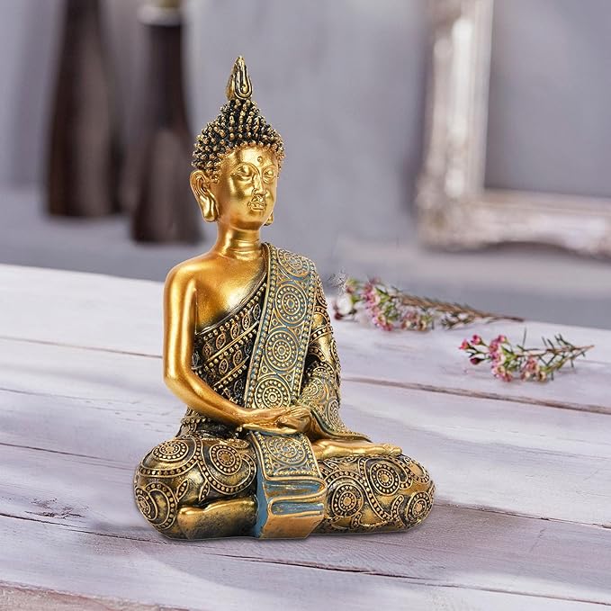 Nacome Meditating Seated Thai Buddha Statue Praying Collectibles Figurines,Zen Garden Buddha Sculpture-Indoor/Outdoor Decor for Home,Porch Yard Art Decoration,polyresin,Gold Buddah,Gift