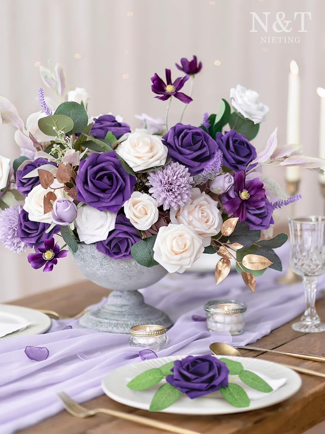 N&T NIETING Artificial Flowers, Fake Flowers Roses Perfect for DIY Wedding Bridal Bouquets Centerpieces Bridal Shower Party Home Flower Arrangement Halloween Flowers Decorations, 25Pcs, Dusty Purple