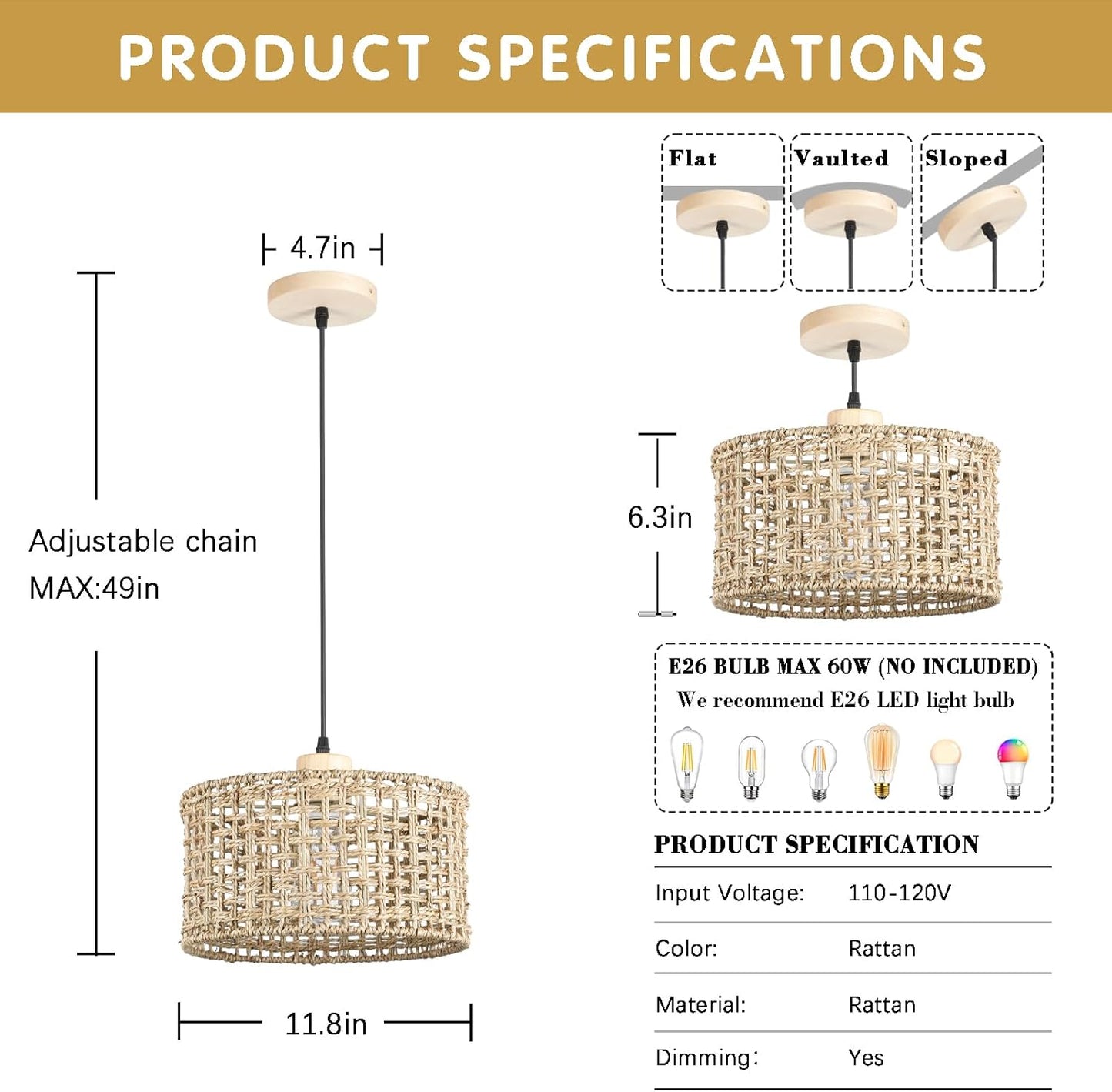 Hand-Woven Rattan Pendant Light, 11.8" Bohemian 1-Light Natural Wicker Hanging Lighting Fixture Ceiling Farmhouse Basket Hanging Lamp Chandelier for Kitchen Island, Living Dining Room