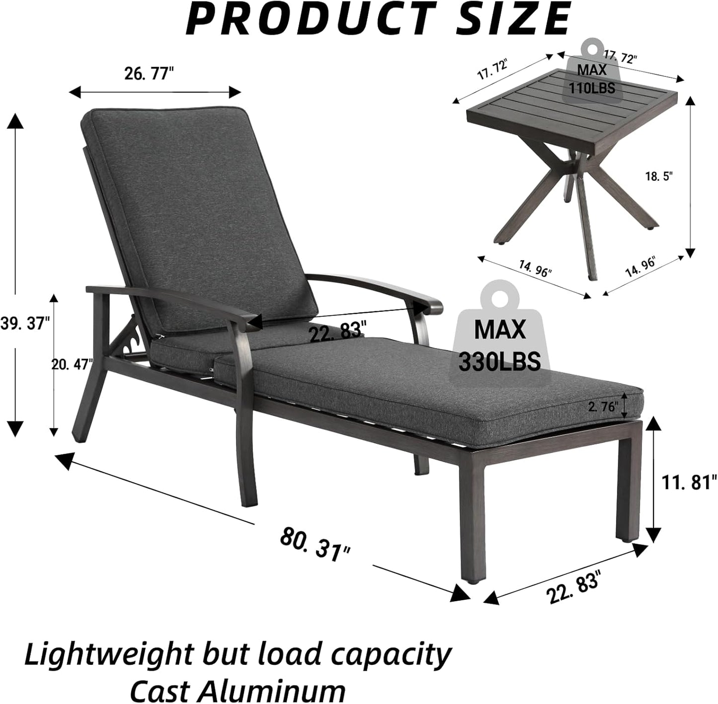 Outdoor Chaise Lounge 3 Pieces Set, 1 Side Table & 2 Aluminum Lounges with 5-Level Adjustable Backrest & Wheels for Poolside, Backyard, Grey Cushion