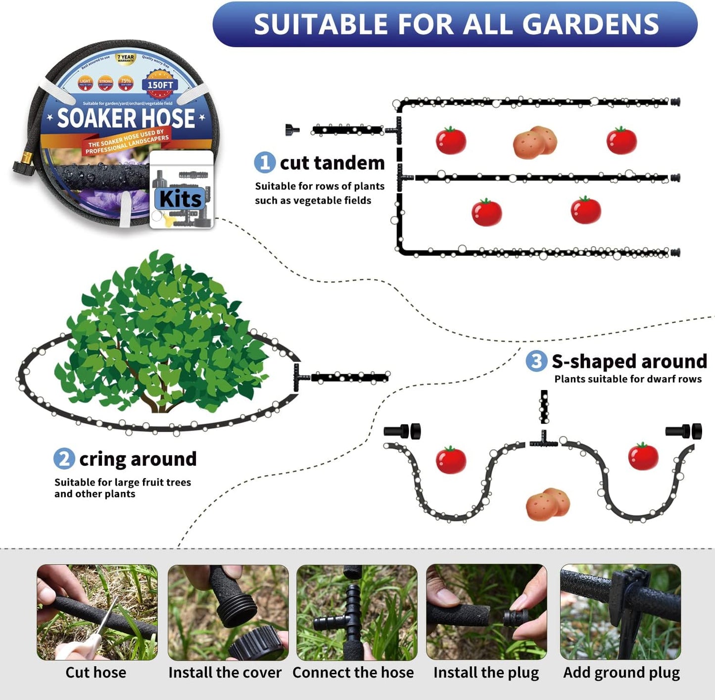 2 Pack Soaker Hose 25 FT for Garden Bed, 1/2’’ Rubber Garden Soaker Hoses 50 FT, Drip Irrigation Watering Hose for Vegetable, Tree, Lawn Yard(2 Pack 25 FT)