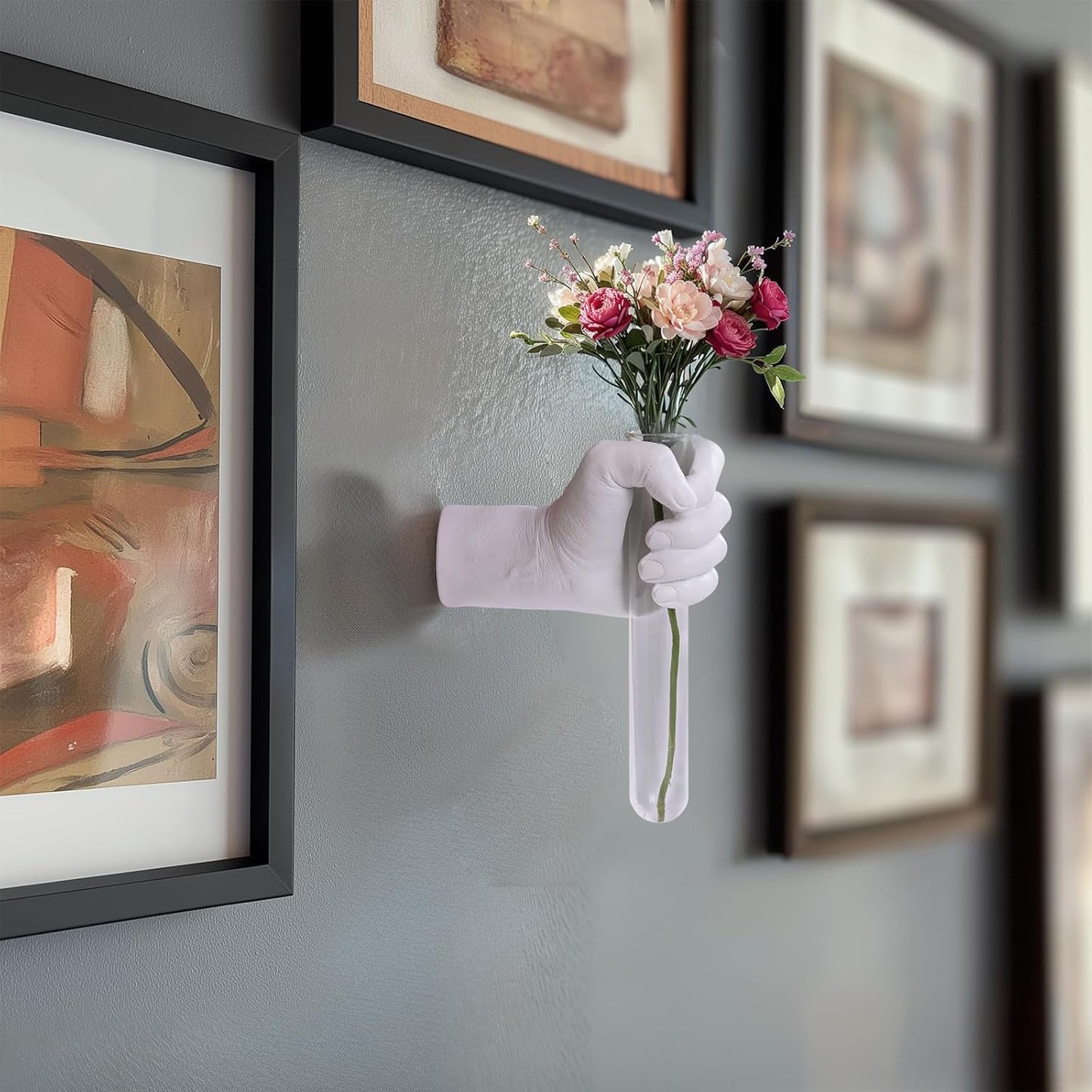 Creative Wall Hanging Sculpture, Funky White Hand Vases Home Decor, Artistic Hanging Hand Sculptures with Test Tube Vases, Unique Wall Art Statue