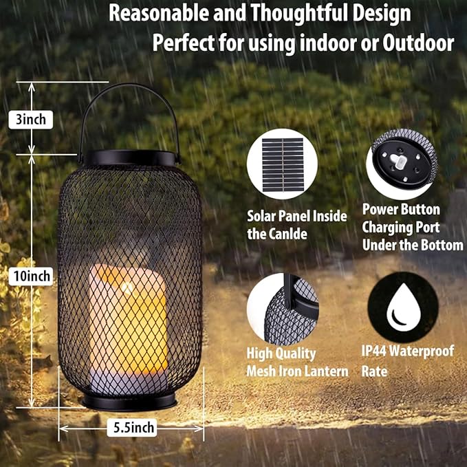 Solar Lanterns Outdoor Waterproof, Flickering Flameless Candle Hanging Lantern, Rechargeable Table Lantern for Patio with Timer Dimmer, Decorative Lamp for Outside Garden Porch or Indoor Decor-2Pack