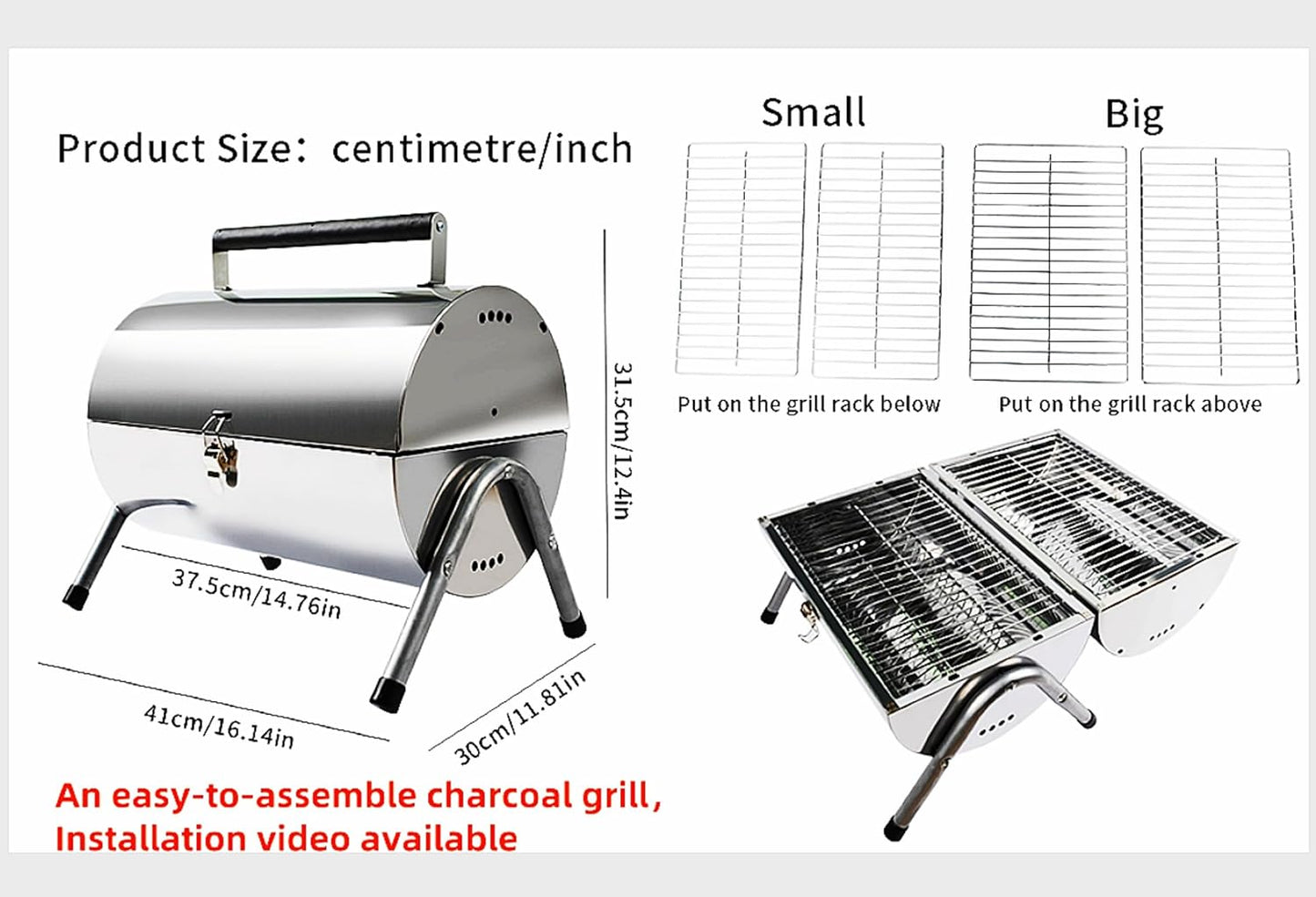 Upgraded Rust-Resistant Premium Stainless Steel Portable Charcoal Grill, Dual Large Grilling Zones,Easy-to-Assemble Outdoor Small Grill for Backyard,Patio,Travel&Camping,Foldable Tailgate Compact BBQ