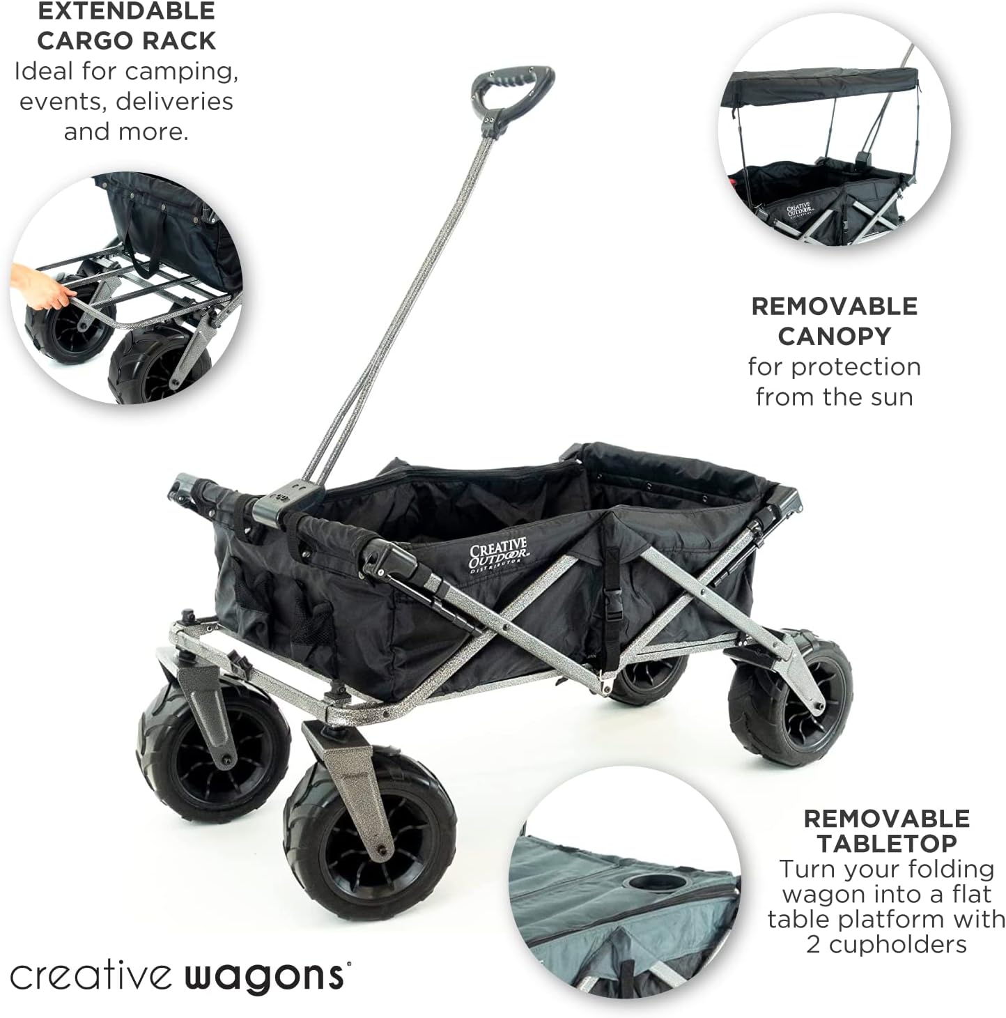 Creative Outdoor Push Pull Stroller Wagon, Beach Hauler XXL Deluxe with Canopy, Collapsible and Portable Heavy Duty Folding Cart, Supports up to 200lbs Weight Capacity, Giant 10" Wheels