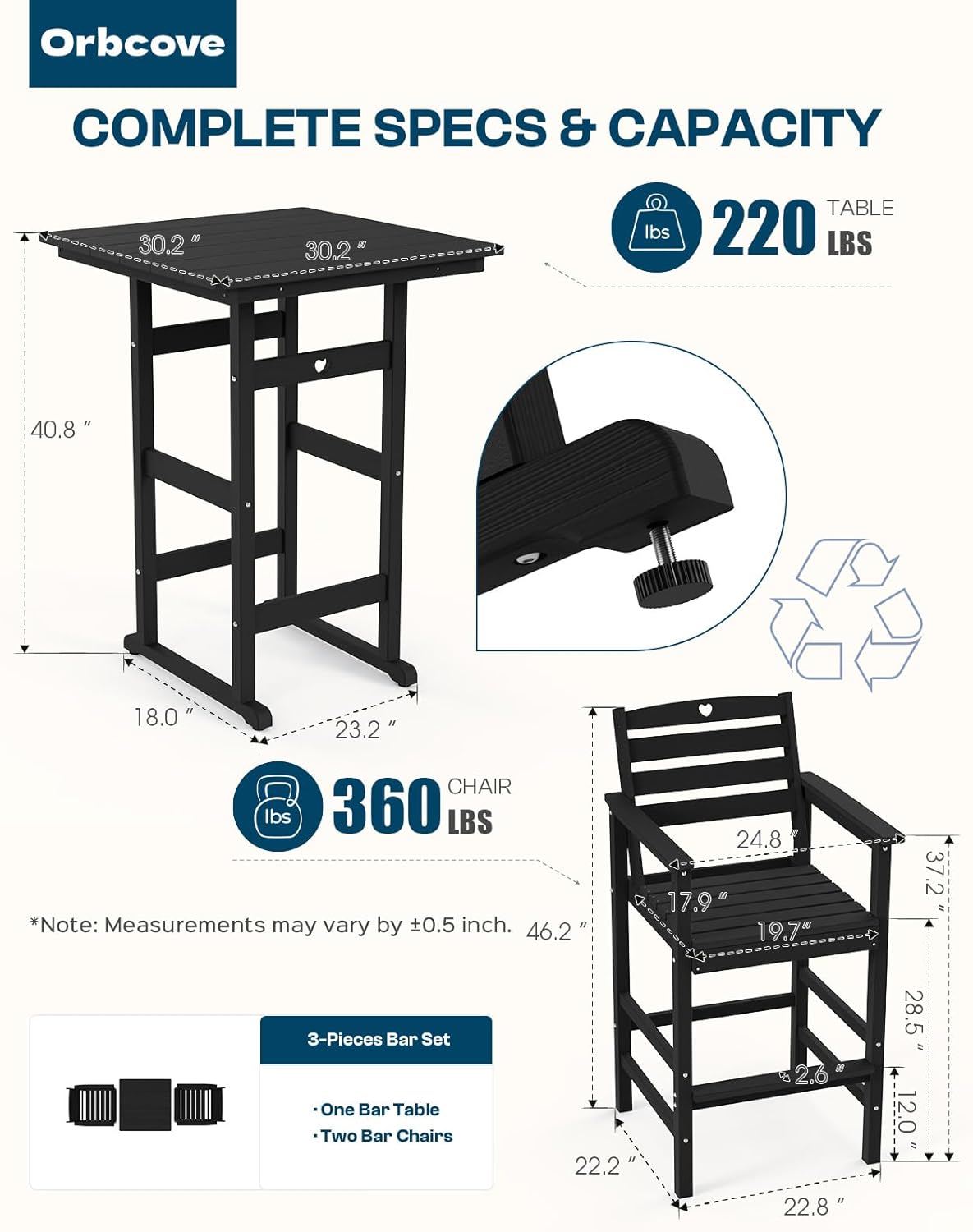 3-Piece Bar Height Outdoor Table and Chairs Set, HDPE Wood Grain Patio Bar Table and Chairs with Heart Cutout Design, Weather-Resistant Bar Height Furniture for Deck, Porch, Pool (Black)