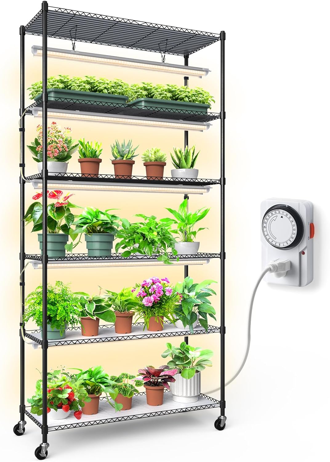 Barrina Plant Stand with Grow Lights, 3FT T8 Full Spectrum 150W Yellow LED Plant Lights 5 Packs, Indoor Plant Shelf for Multiple Plants with On/Off Timer Socket, 6-Tier 35.4"x13.8"x70.9"