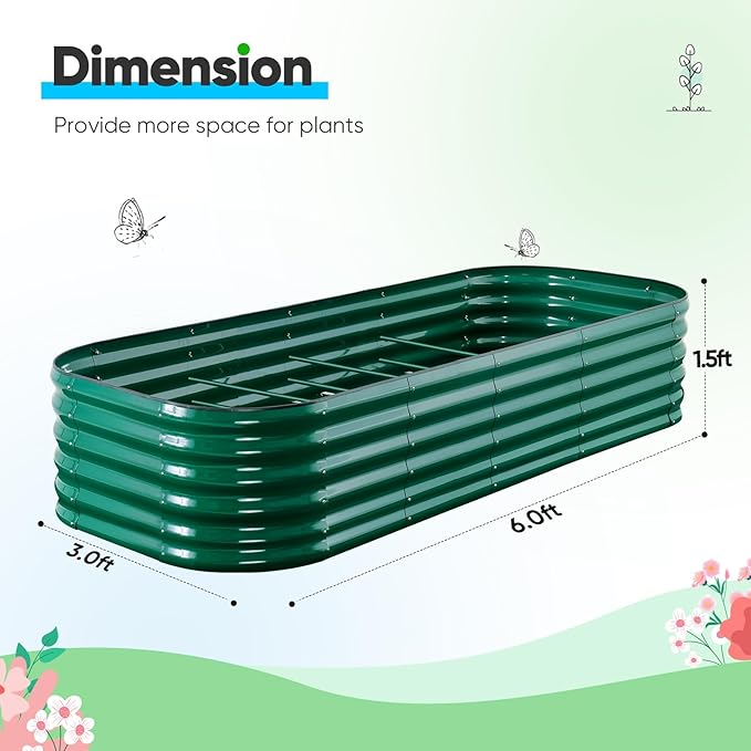 Quictent Galvanized Raised Garden Bed Kit, 6x3x1.5 ft Oval Metal Planter Box Tall for Vegetables Outdoor Backyard, Rubber Strip Edging Included, Dark Green