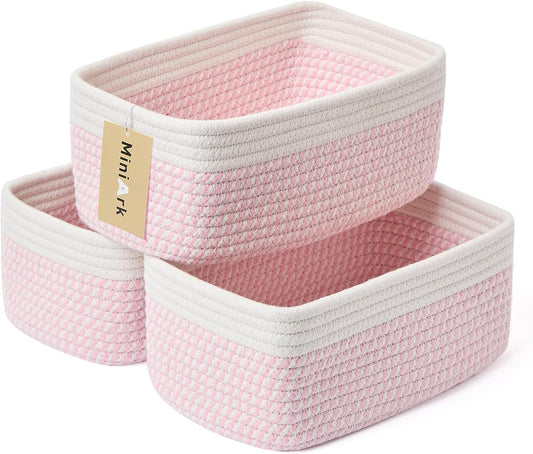 Small Storage Baskets for Organizing | Closet Organizer Bins | Shelf Toy Basket | Woven Rope Baskets | Cube Decorative Box | Shallow Basket | 11.5x7.5x4.7” | 3 Packs White Pink