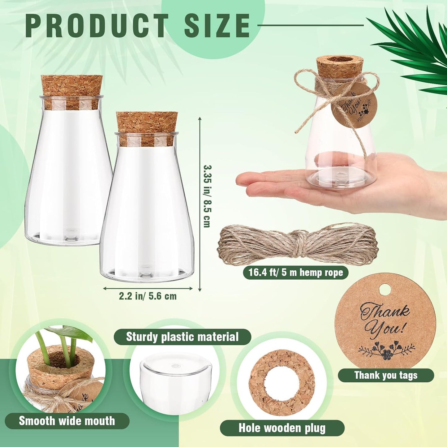 Baderke 3.35'' Plastic Plant Propagation Stations with Hole Lid Planter Vase Clear Propagation Jars with Thank You Tags for Plant Lover Gifts for Women Office Home Garden(12 Pack,Cute)