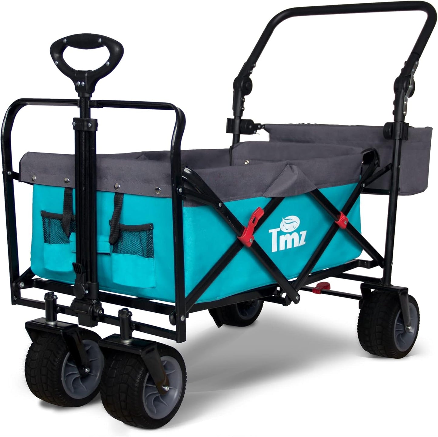 TMZ All Terrain Utility Folding Wagon, Collapsible Garden Cart, Heavy Duty Beach Wagon, for Shopping, Camping, and Outdoor Activities with Push Handle and Brakes (Turquoise/Grey)
