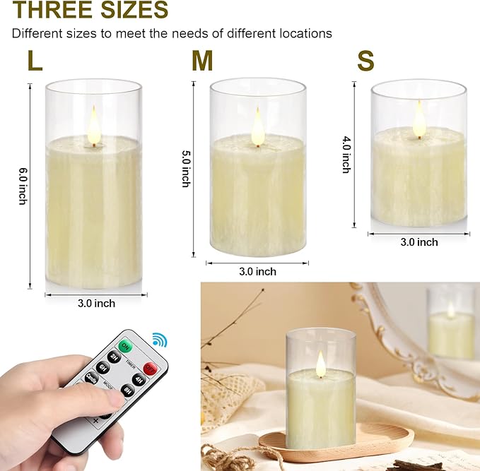 Flameless Flickering Remote Control Candle, Glass Pillar Candle,3 Pack (D:3"×H:4" 5" 6") LED 3D Flame Romantic Candle,Battery Operated Real Wax, Ideal for Wedding, Home Decor Holiday (Ivory)