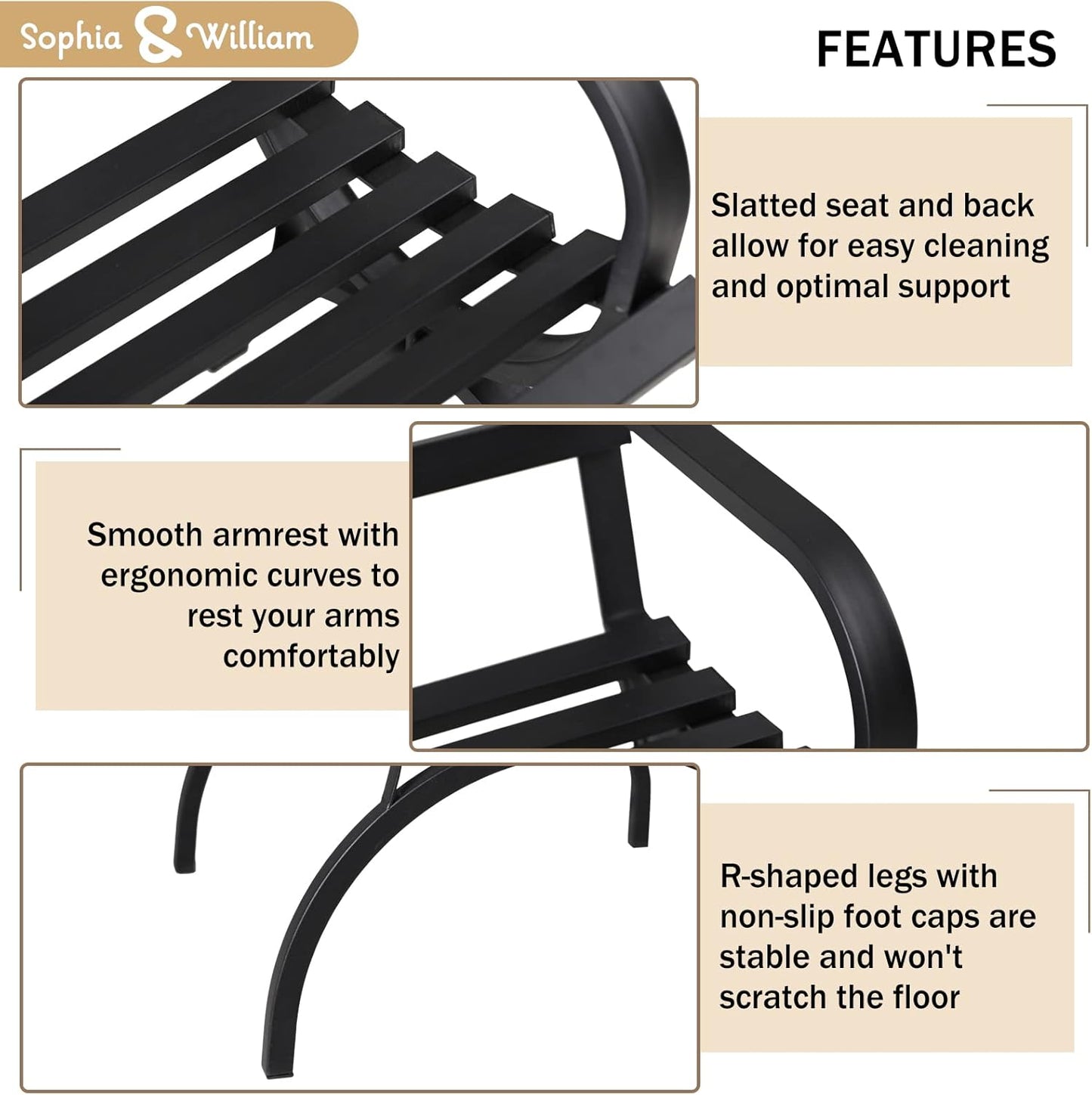 Sophia & William Outdoor Garden Bench Patio Park Bench, Metal Frame Furniture with Backrest and Armrests for Porch Yard Lawn Deck, Black