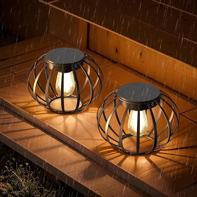 Solar Lanterns Outdoor Waterproof - 2 Pack Solar Outdoor Lanterns, 15"" Solar Lights Outdoor Hanging, Lanterns Decorative Outdoor Pumpkin Shape, Black, Wq-OSL-001