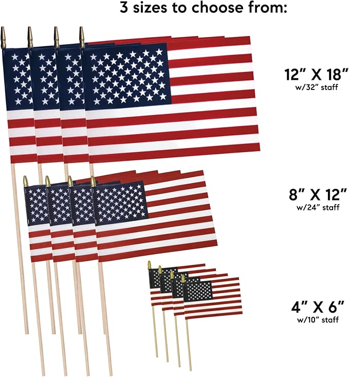 American Flags on Stick - Handheld Spearhead US Flag for 4th of July, Memorial Day Event Decorations - Patriotic Decor for Indoors & Yard - Wooden Stick, Cotton Fabric - (8"x12" - 12 Pack)