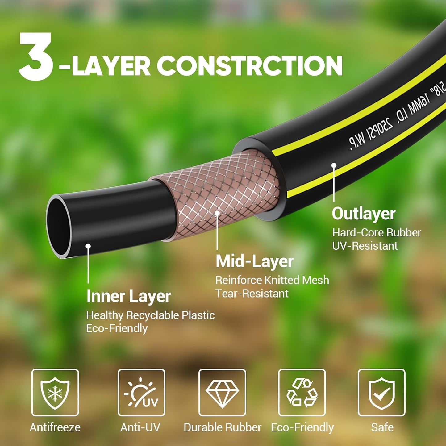 Garden Hose 3FT - PHLEX PRO Water Hose Heavy Duty Premium 5/8'' Rubber 3-Layer, Innovation Flexible Hybrid Lightweight Water Hose, Full Brass Male to Female Fittings