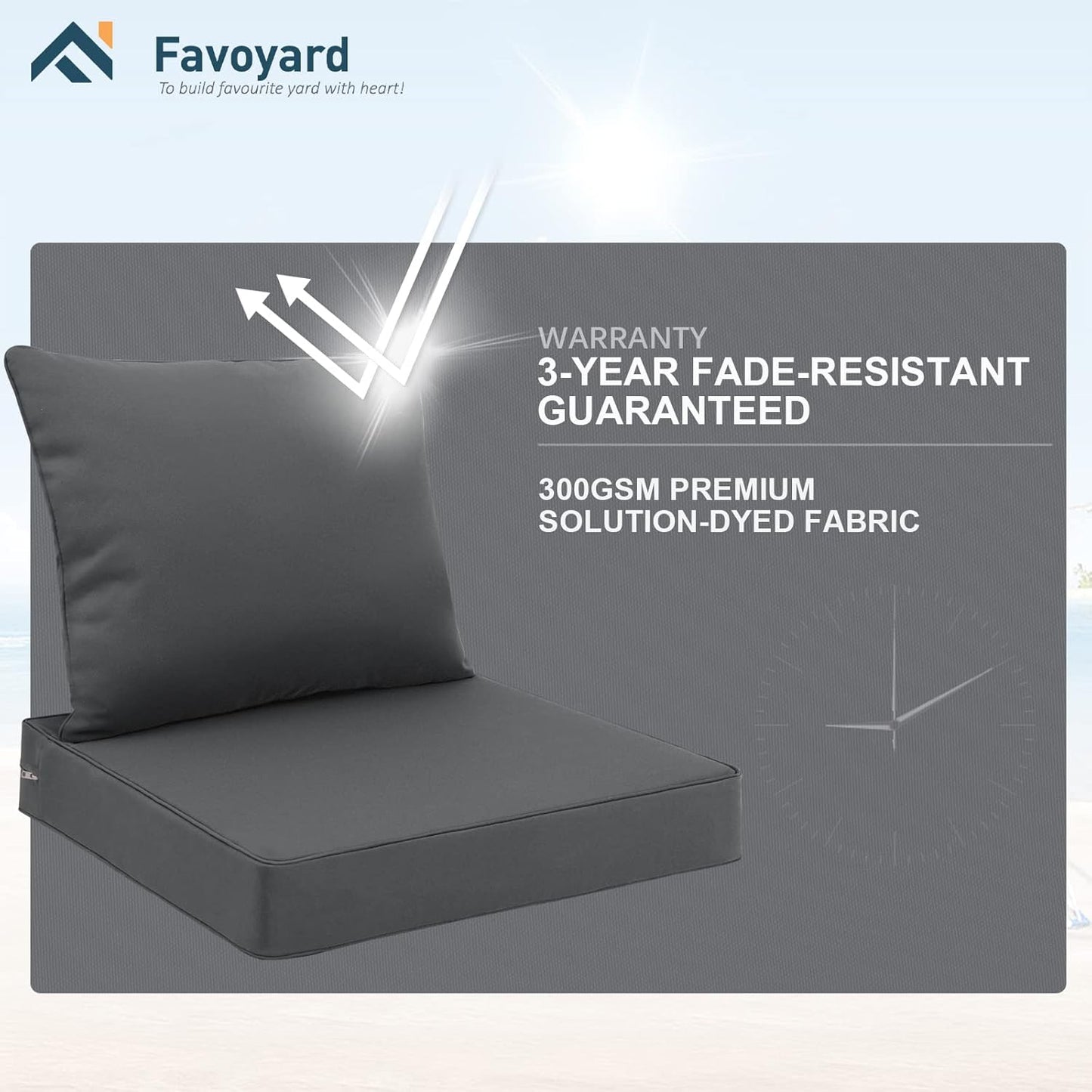 Favoyard Outdoor Seat Cushion Set 22 x 24 Inch Waterproof & Fade Resistant Patio Furniture Cushions with Removable Cover Deep Seat & Back Cushion with Handle and Adjustable Straps for Chair Sofa Couch