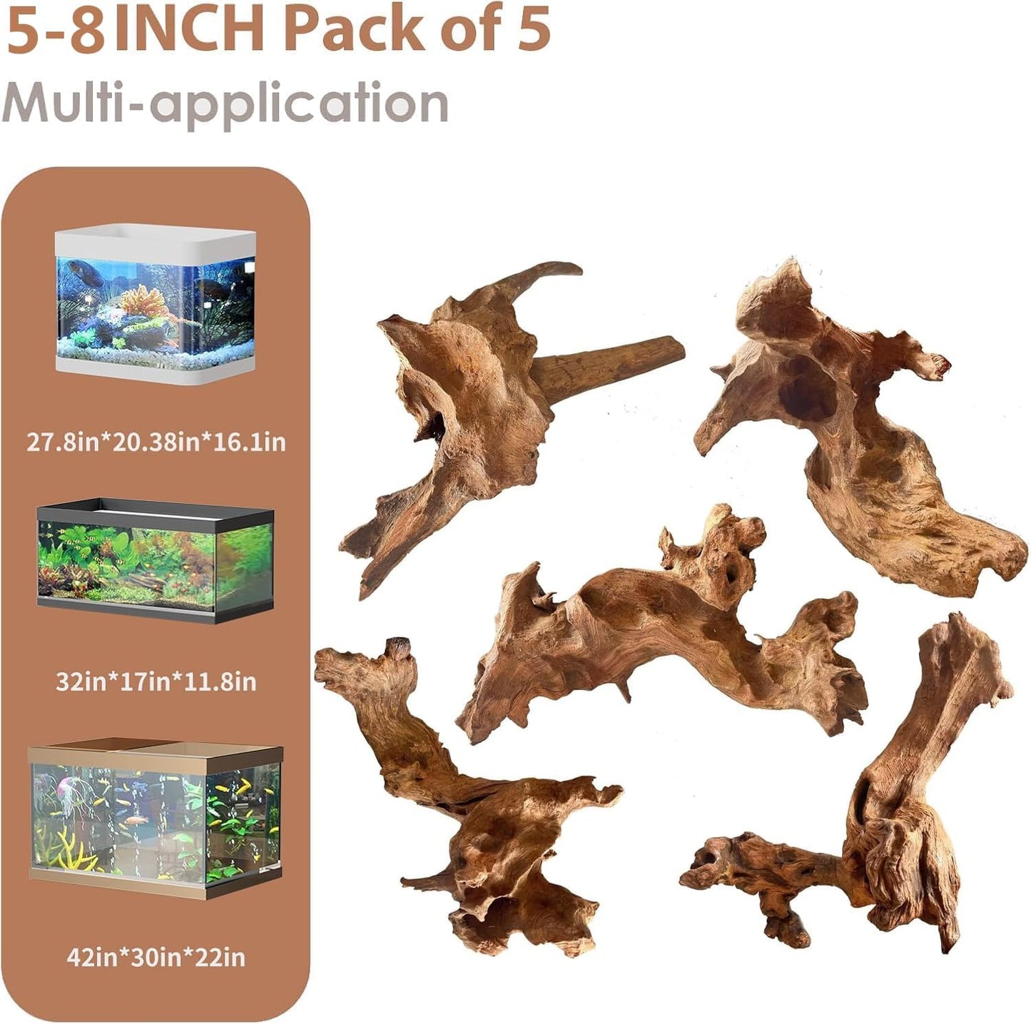 Natural Small Aquarium Driftwood for Fish Tanks & Reptile Terrariums – 100% Safe Fish Tank Decorations, Unique Twisted Branches 5-Piece 4-8 Inch Low Tannin, Easy to Sink