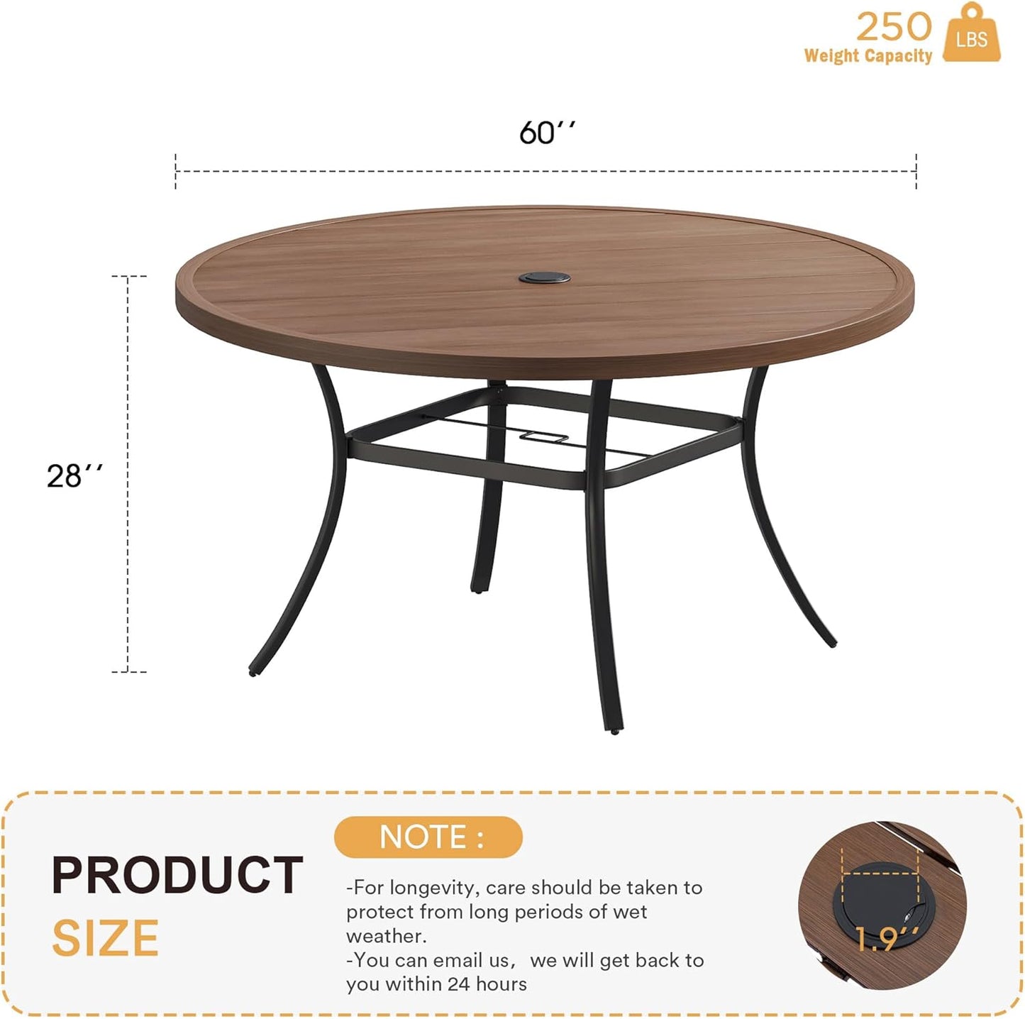 VICLLAX 60" Outdoor Round Patio Table for Lawn Garden, All Weather Metal Round Patio Dining Table with Adjustable Umbrella Hole, Oudoor Table for 8-10 Person, Walnut Wood-Like Tabletop